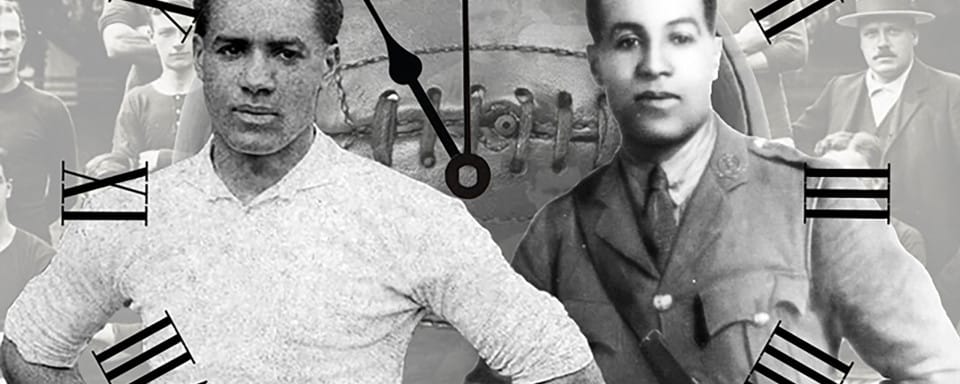 A black and white historical l photograph of a man - overlayed is a clock face